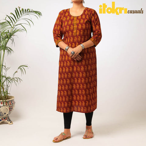 Buy Block Print Cotton Straight Bagh Kurta For Women