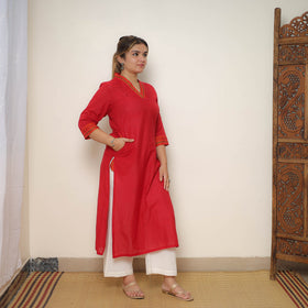 Red - cotton straight dharwad kurta 10 - handcrafted