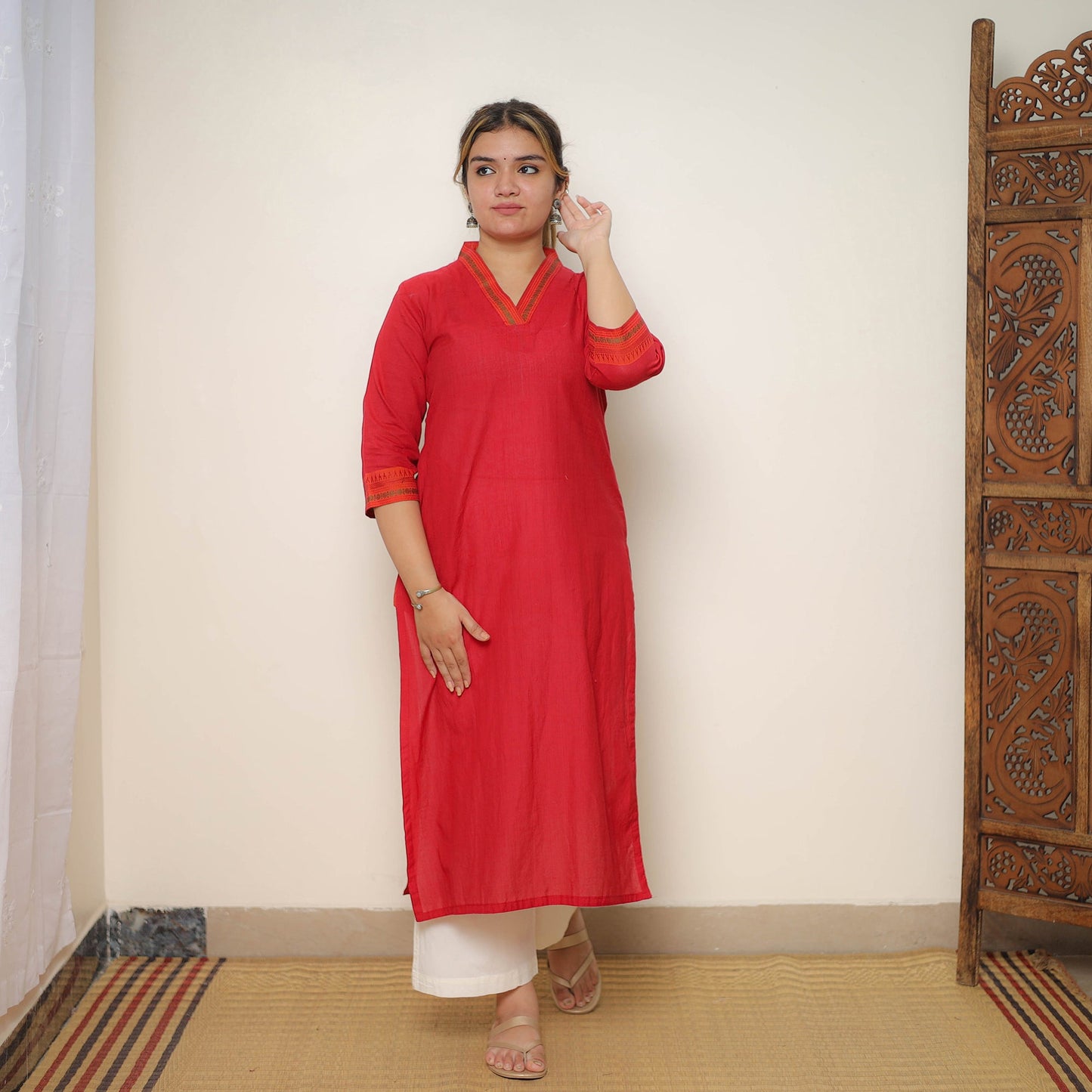 Red - cotton straight dharwad kurta 10 - handcrafted