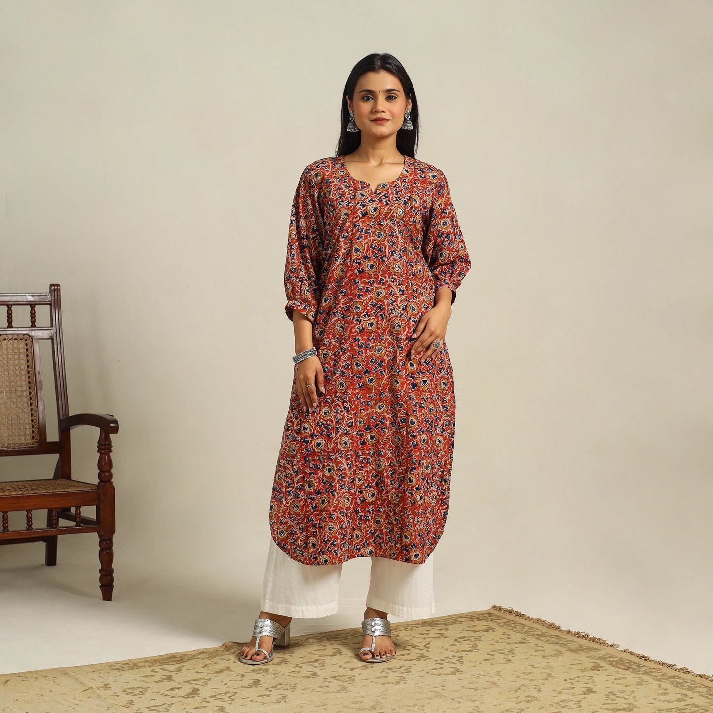 Red Block Print Cotton Straight Kalamkari Kurta