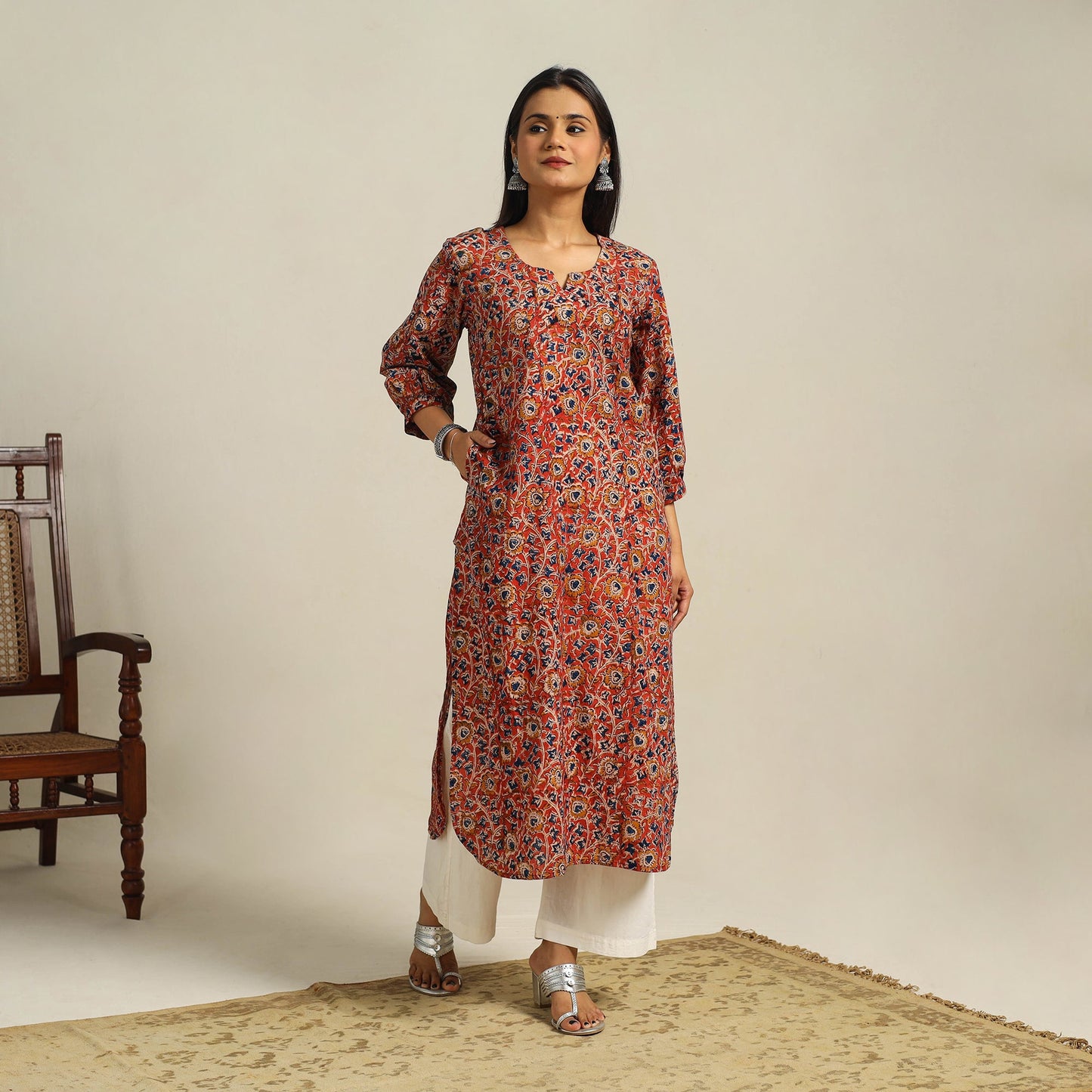 Red Block Print Cotton Straight Kalamkari Kurta