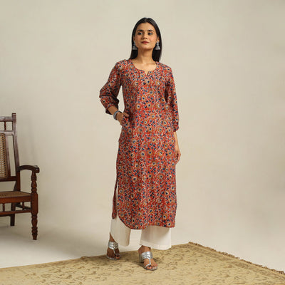 Red Block Print Cotton Straight Kalamkari Kurta