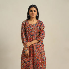 Red Block Print Cotton Straight Kalamkari Kurta