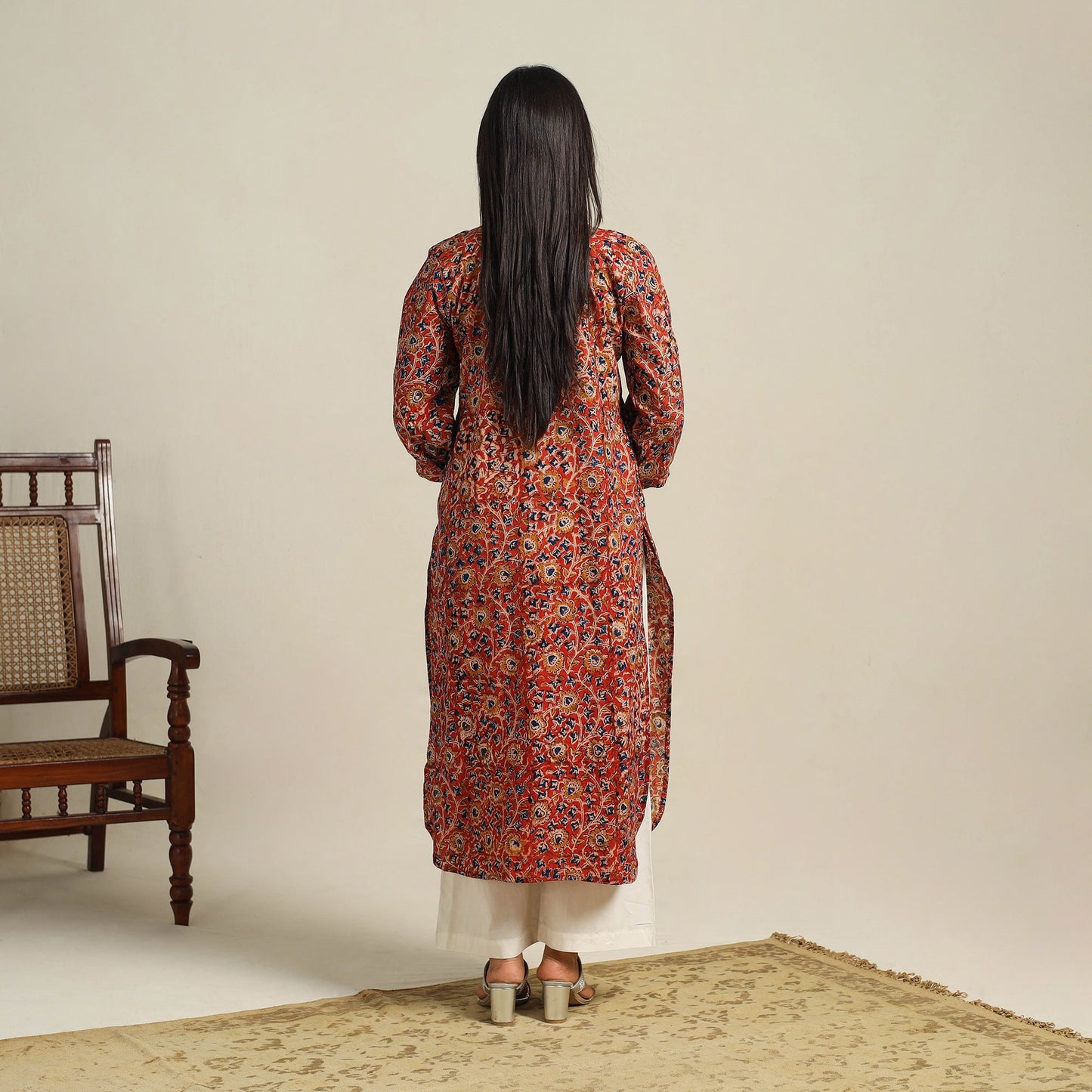 Red Block Print Cotton Straight Kalamkari Kurta