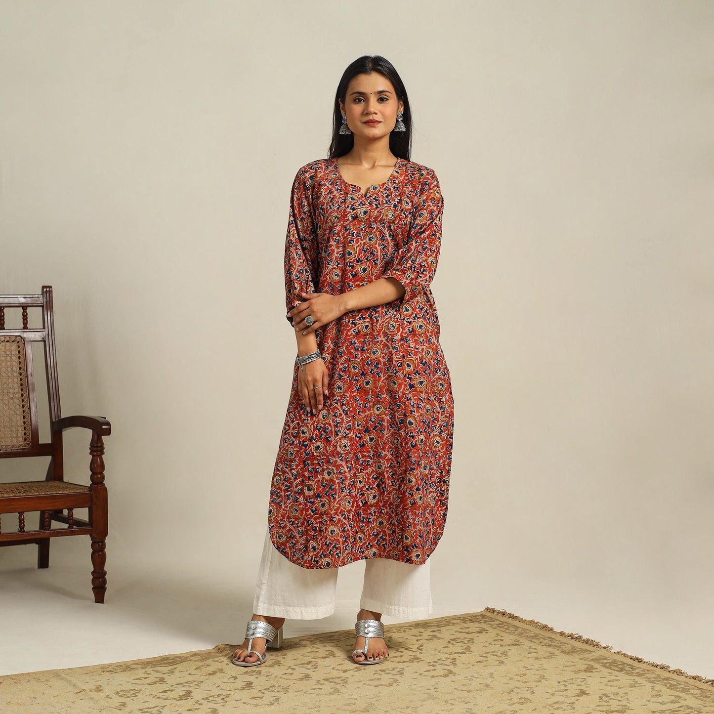 Red Block Print Cotton Straight Kalamkari Kurta