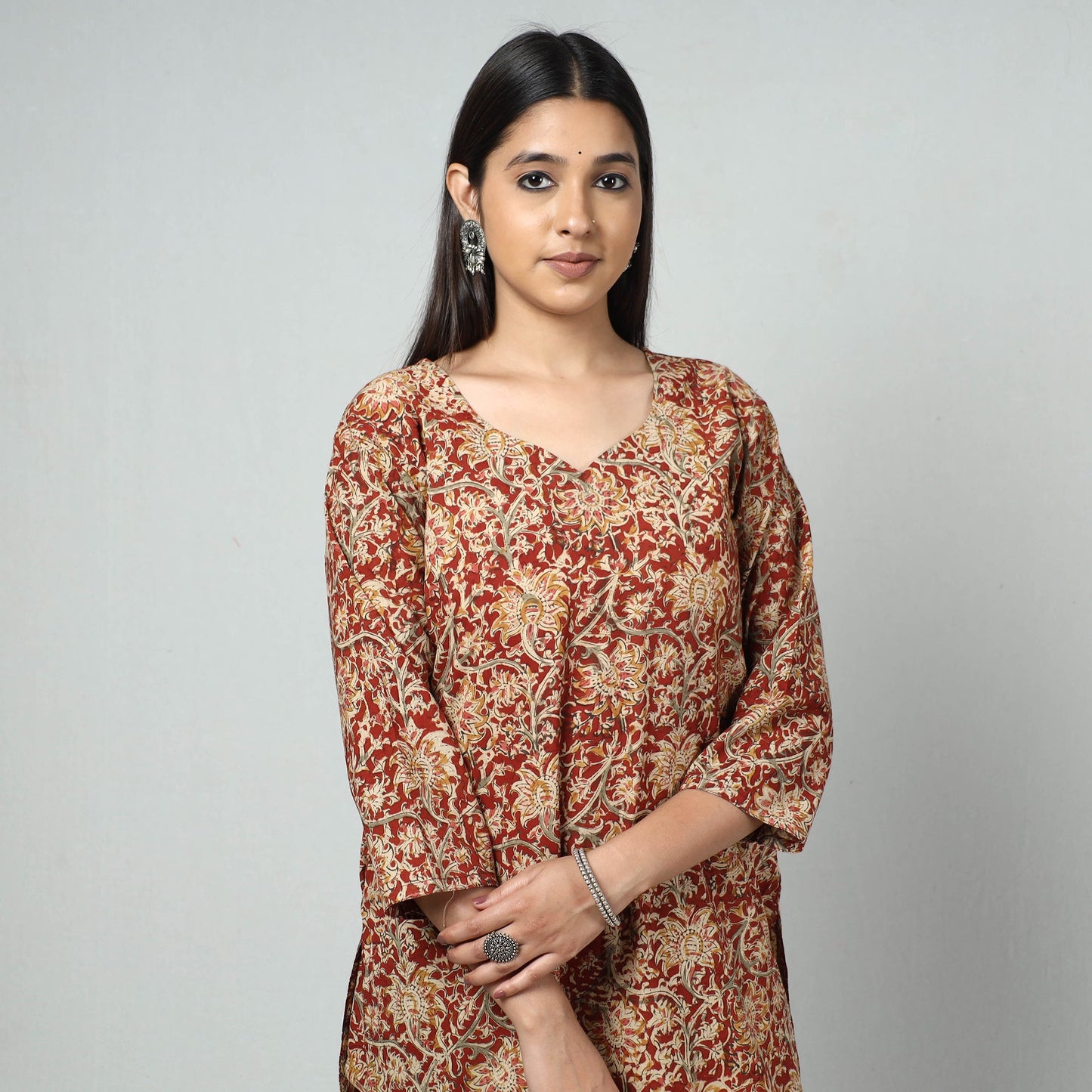 Red Block Print Cotton Straight Kalamkari Kurta