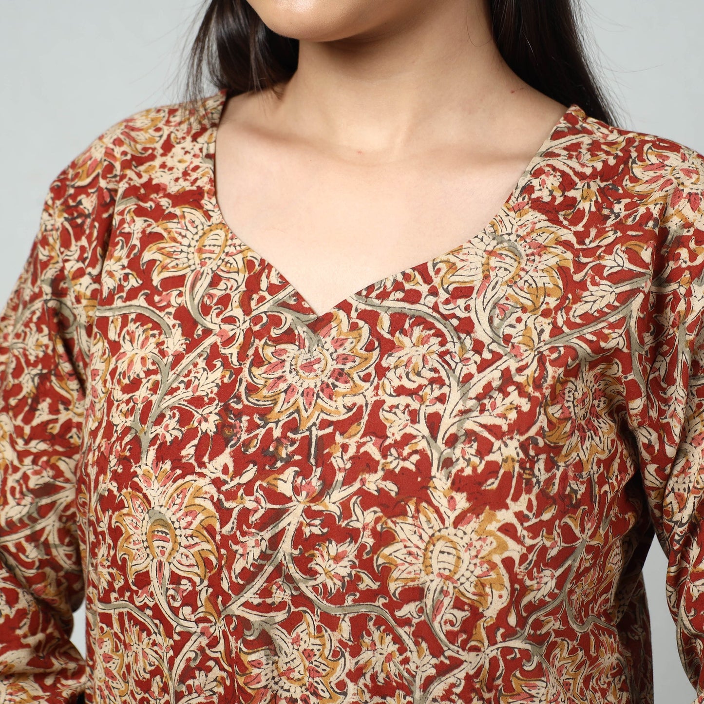 Red Block Print Cotton Straight Kalamkari Kurta