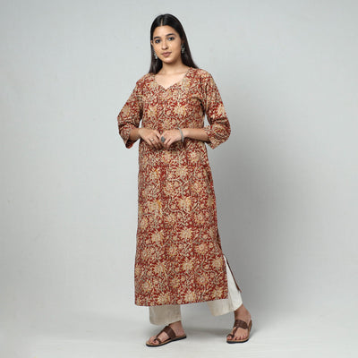 Red Block Print Cotton Straight Kalamkari Kurta