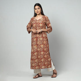 Red Block Print Cotton Straight Kalamkari Kurta