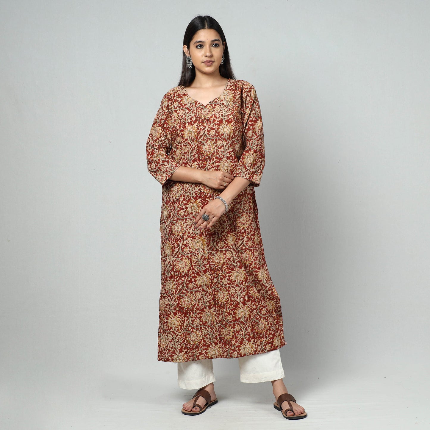 Red Block Print Cotton Straight Kalamkari Kurta