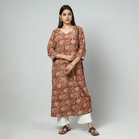 Red Block Print Cotton Straight Kalamkari Kurta