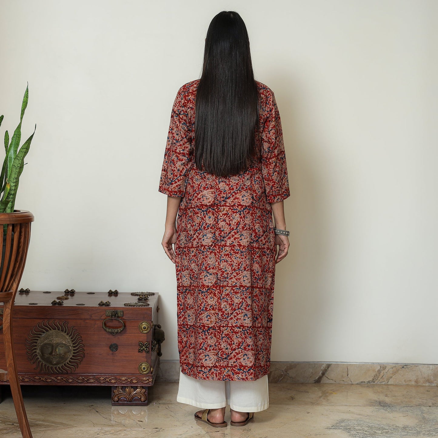  Red Block Print Cotton Straight Kalamkari Kurta for Women