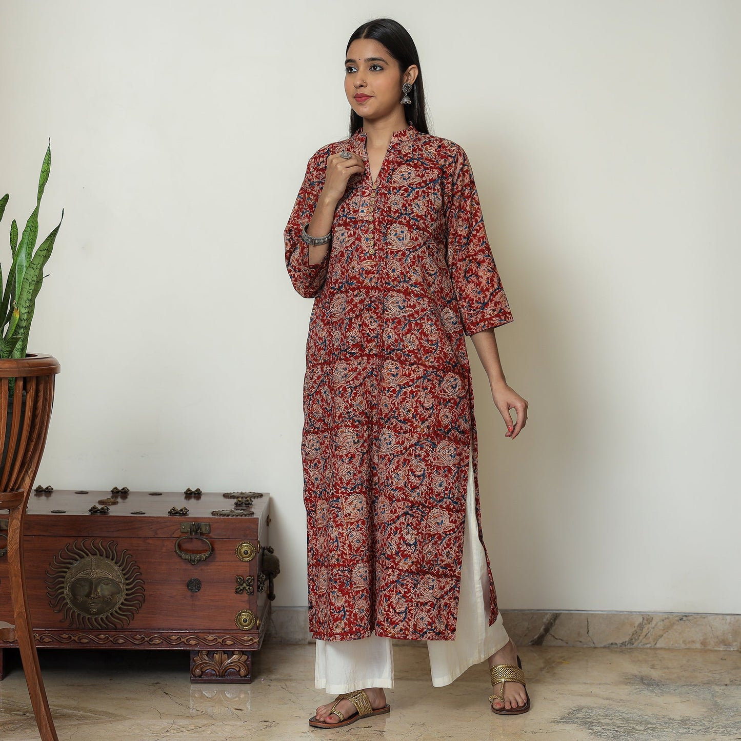  Red Block Print Cotton Straight Kalamkari Kurta for Women