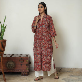  Red Block Print Cotton Straight Kalamkari Kurta for Women