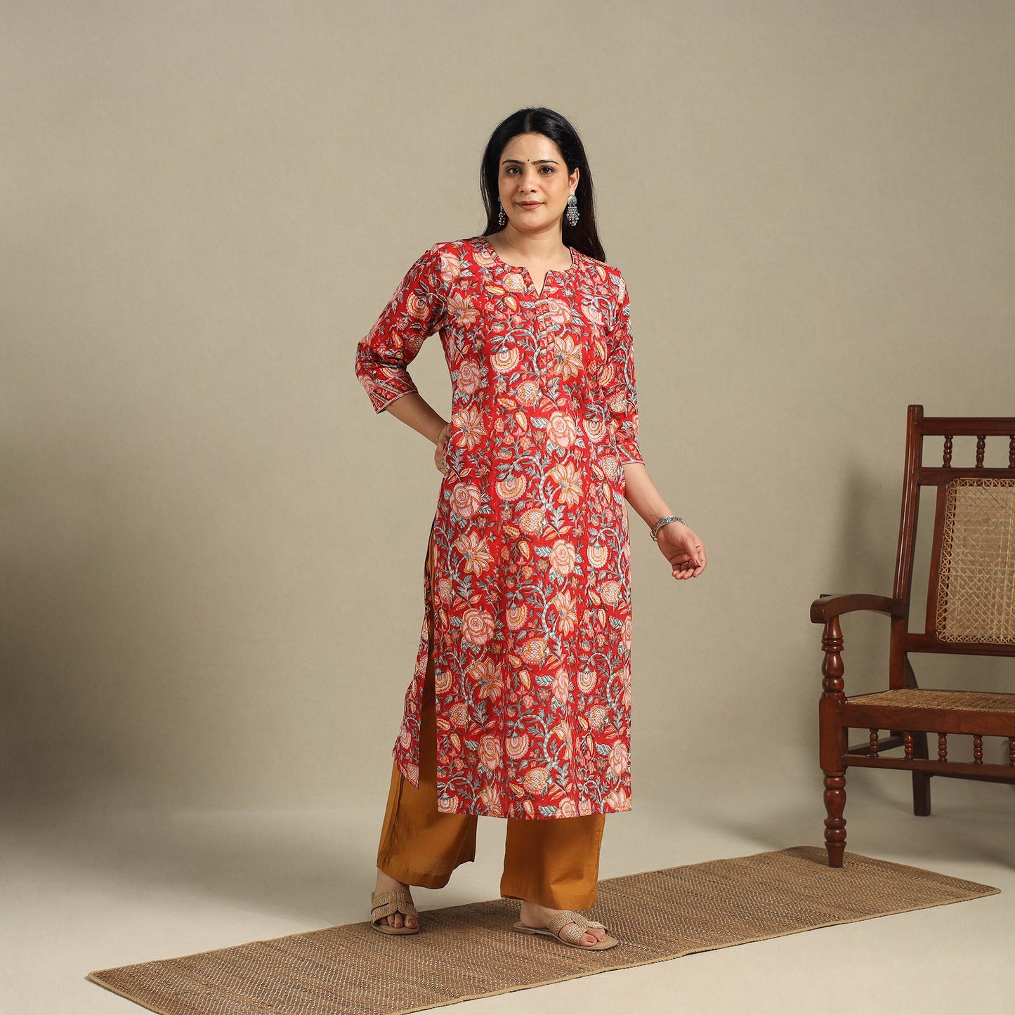 Red - cotton straight sanganeri kurta 01 - handcrafted