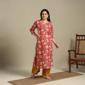 Red - cotton straight sanganeri kurta 01 - handcrafted