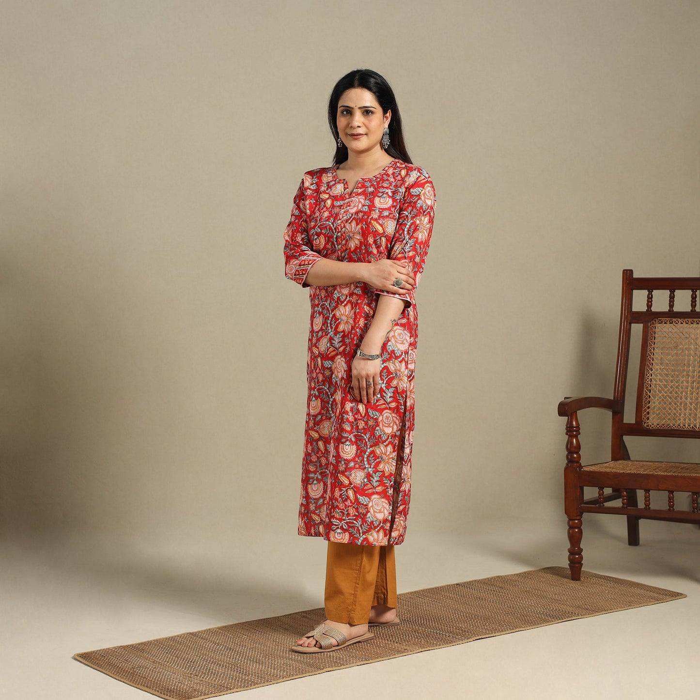 Red - cotton straight sanganeri kurta 01 - handcrafted