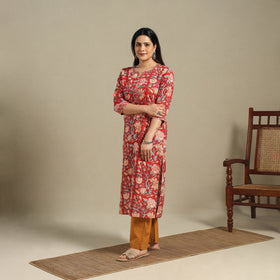 Red - cotton straight sanganeri kurta 01 - handcrafted