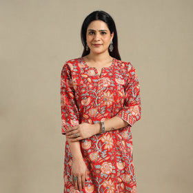 Red - cotton straight sanganeri kurta 01 - handcrafted