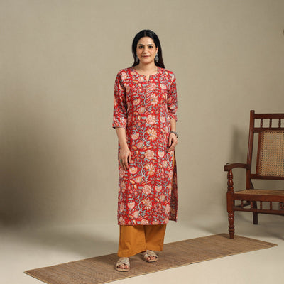Red - cotton straight sanganeri kurta 01 - handcrafted