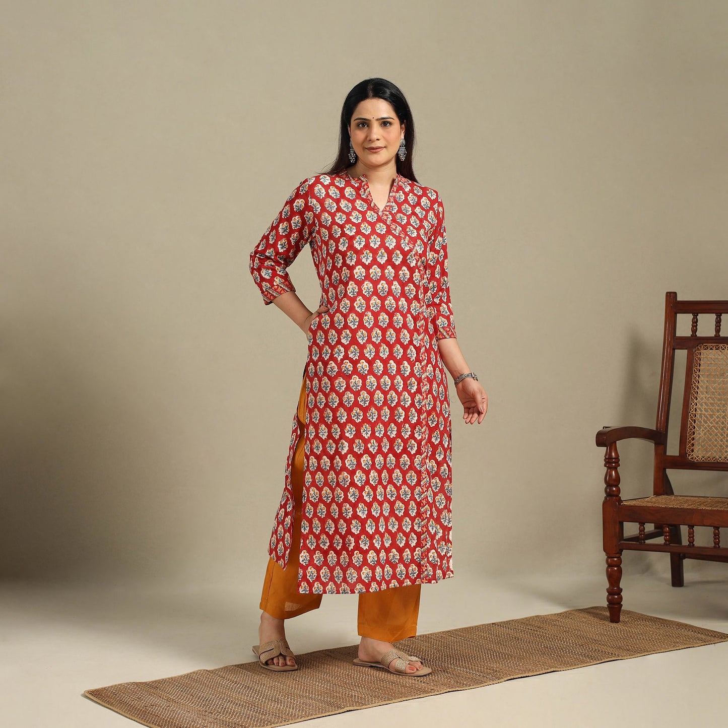 Red - cotton straight sanganeri kurta 05 - handcrafted