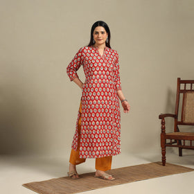 Red - cotton straight sanganeri kurta 05 - handcrafted