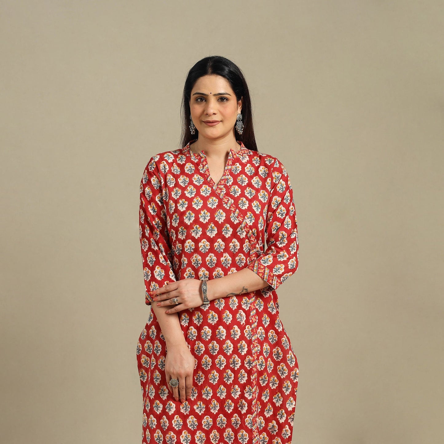 Red - cotton straight sanganeri kurta 05 - handcrafted