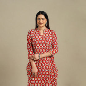 Red - cotton straight sanganeri kurta 05 - handcrafted