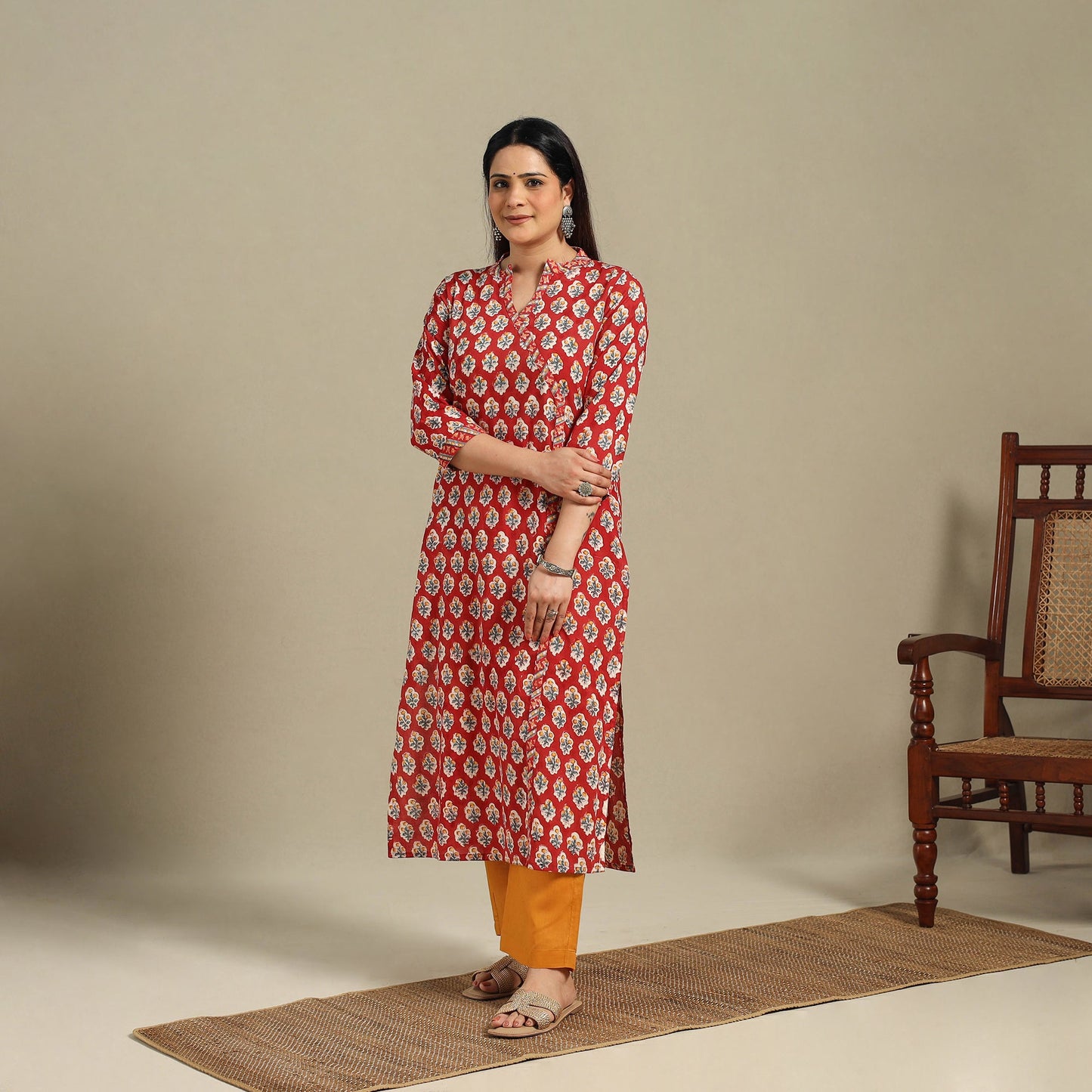 Red - cotton straight sanganeri kurta 05 - handcrafted