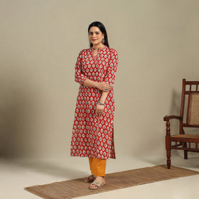 Red - cotton straight sanganeri kurta 05 - handcrafted