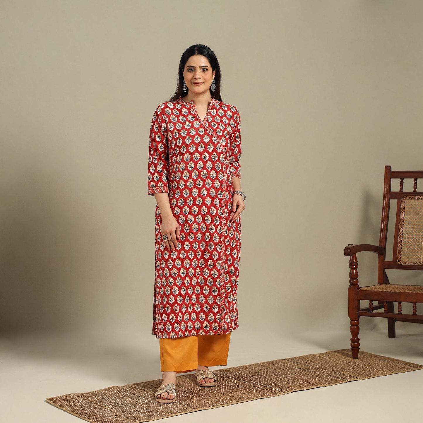 Red - cotton straight sanganeri kurta 05 - handcrafted