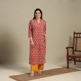 Red - cotton straight sanganeri kurta 05 - handcrafted