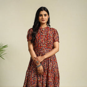 Red Block Print Cotton Tiered Kalamkari Dress