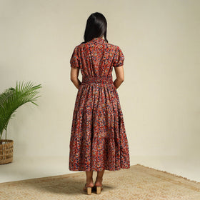 Red Block Print Cotton Tiered Kalamkari Dress
