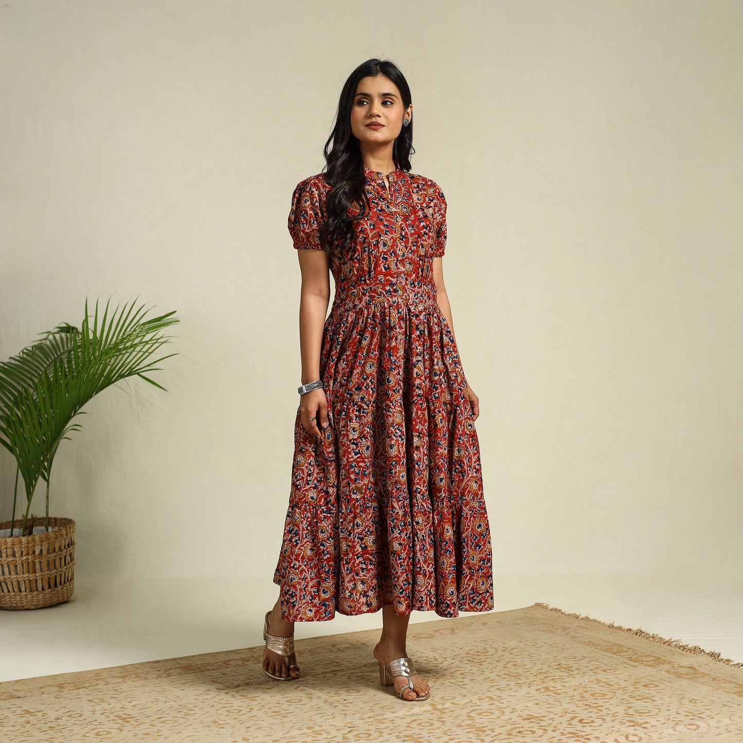 Red Block Print Cotton Tiered Kalamkari Dress