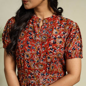 Red Block Print Cotton Tiered Kalamkari Dress