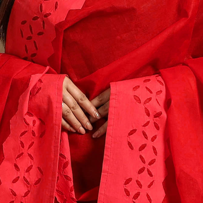  Cutwork Cotton Red Barmer Applique Dupatta