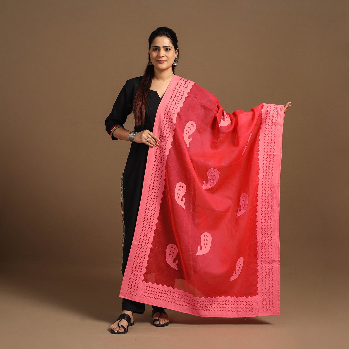 Buy Cutwork Cotton Red Barmer Applique Dupatta