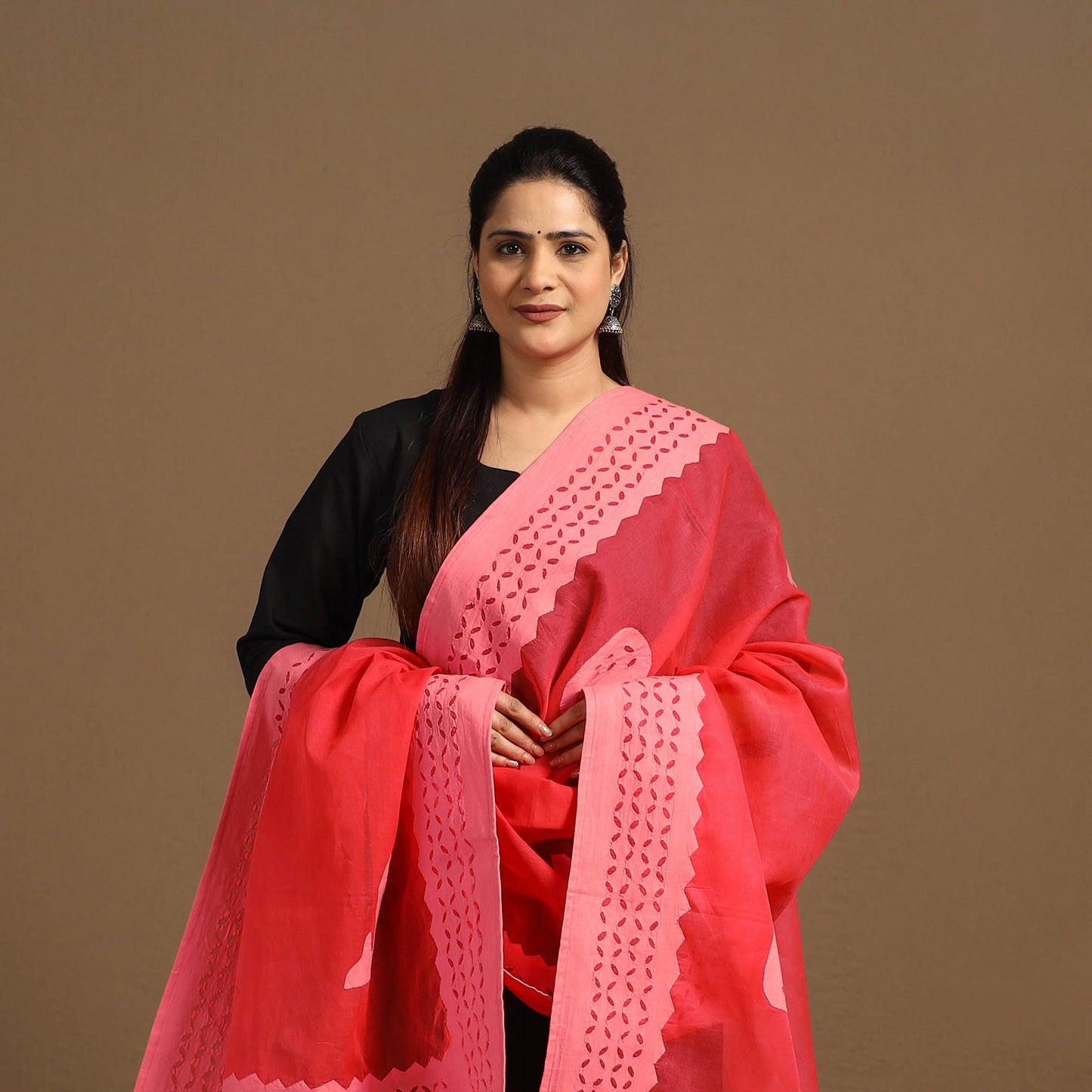 Buy Cutwork Cotton Red Barmer Applique Dupatta