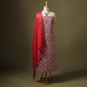 Red Designer! Block Print Cotton Dress Material with Jewellery Set