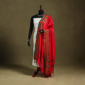 Red - dharwad cotton dupatta with zari border 05