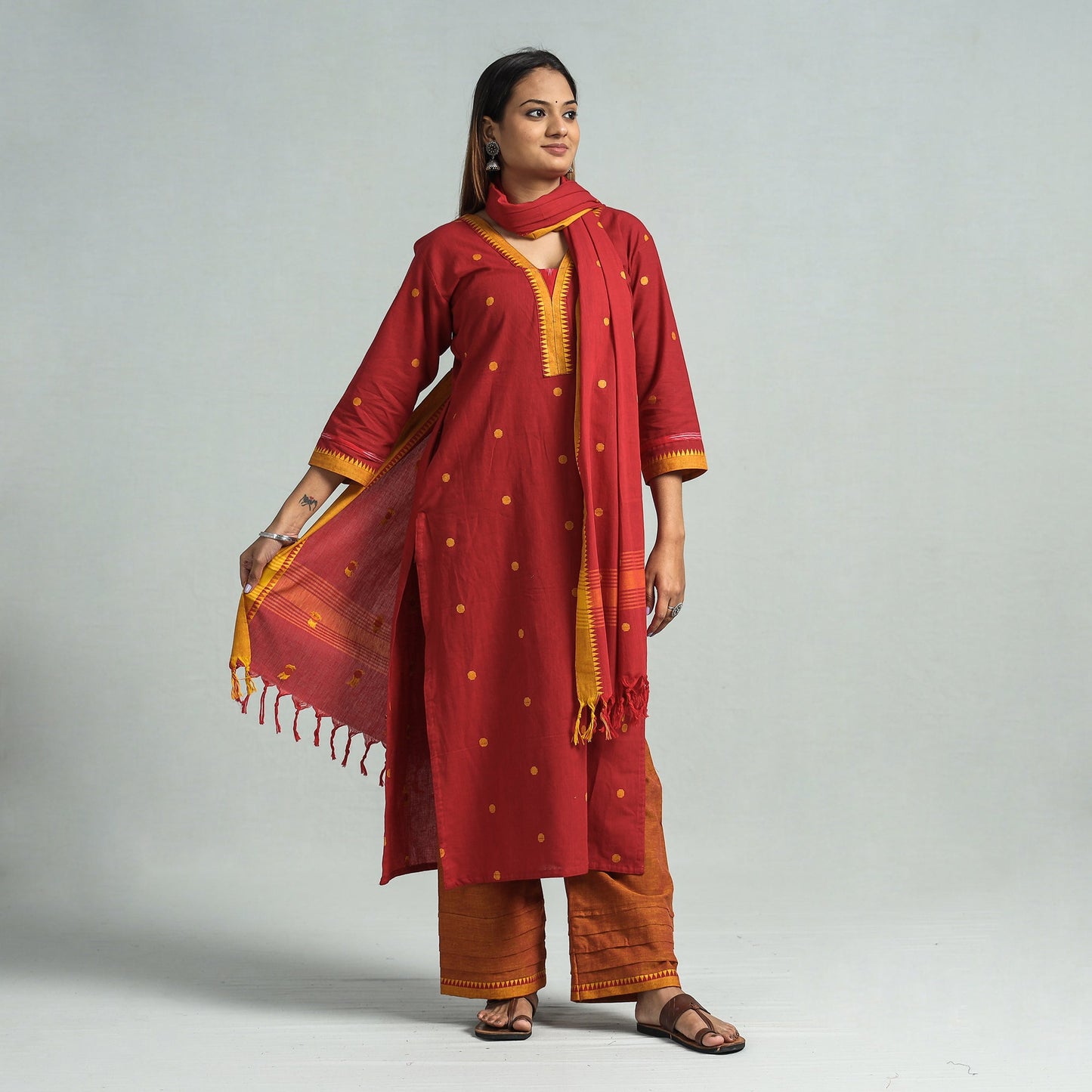Red - dharwad cotton kurta with palazzo & dupatta set