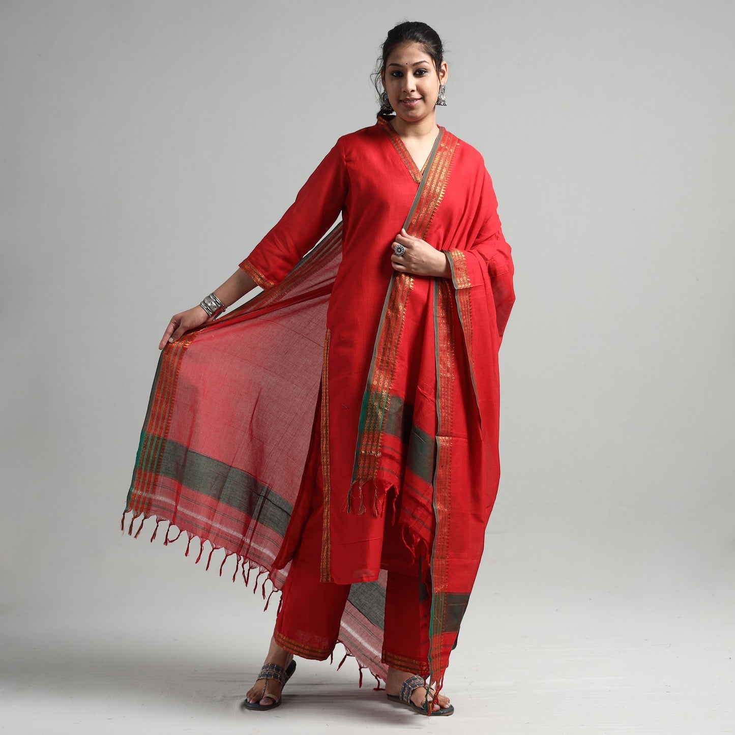 Red - dharwad cotton kurta with palazzo & dupatta set