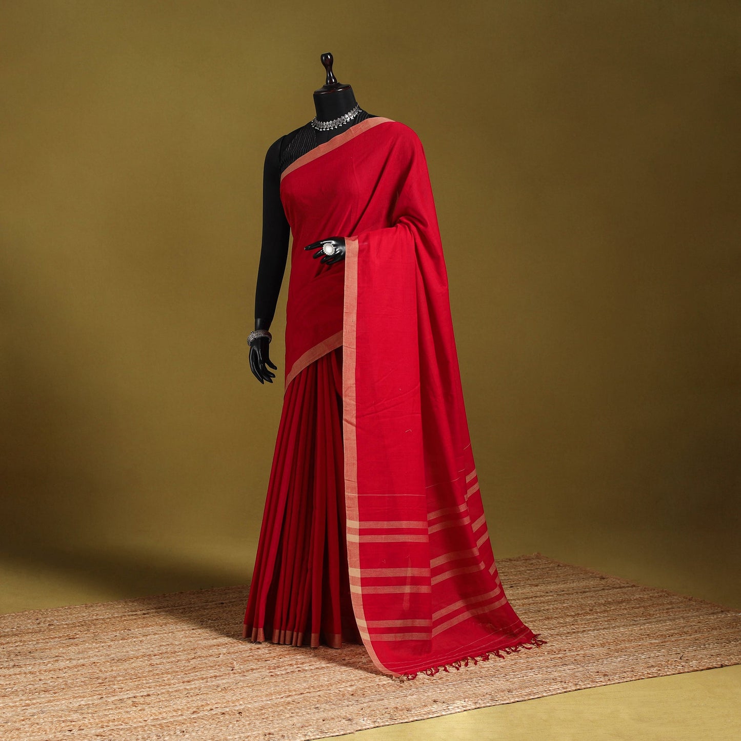 Red - dharwad cotton saree with border 34 - handcrafted
