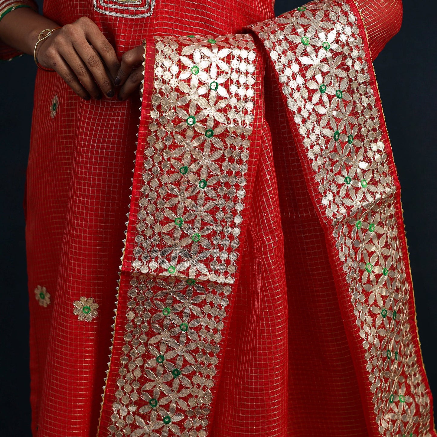 Red Elegant Gota Work Silk Kota Doria Kurta Set 