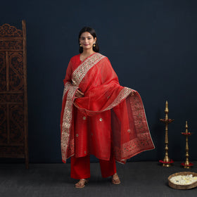 Red Elegant Gota Work Silk Kota Doria Kurta Set 