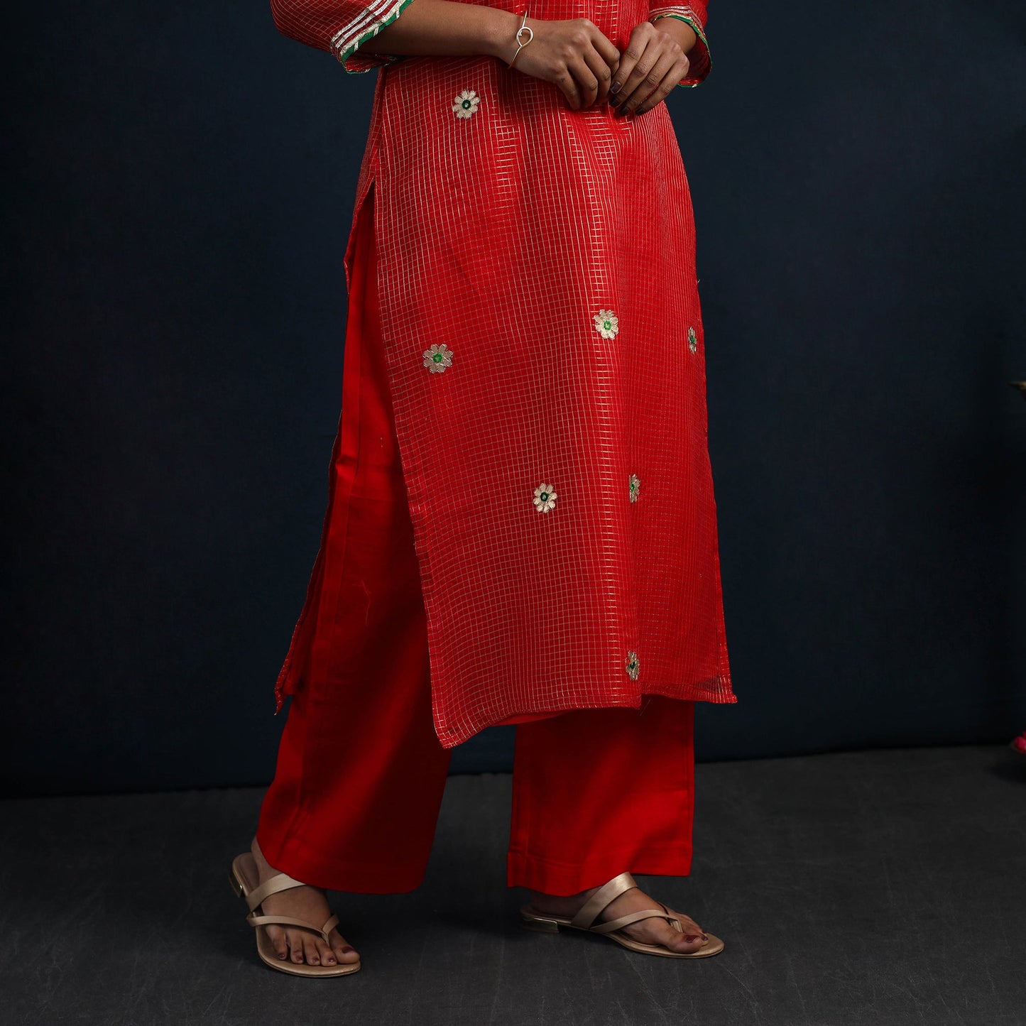 Red Elegant Gota Work Silk Kota Doria Kurta Set 