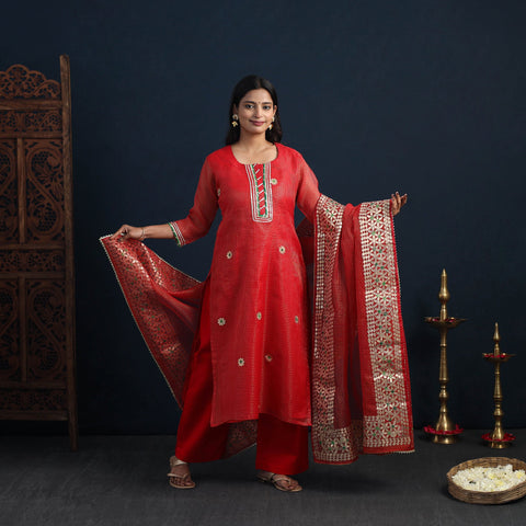 Red Elegant Gota Work Silk Kota Doria Kurta Set 