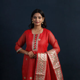 Red Elegant Gota Work Silk Kota Doria Kurta Set 
