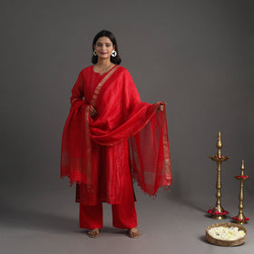 Buy Red Elegant Linen Silk Handloom Plain Kurta Set